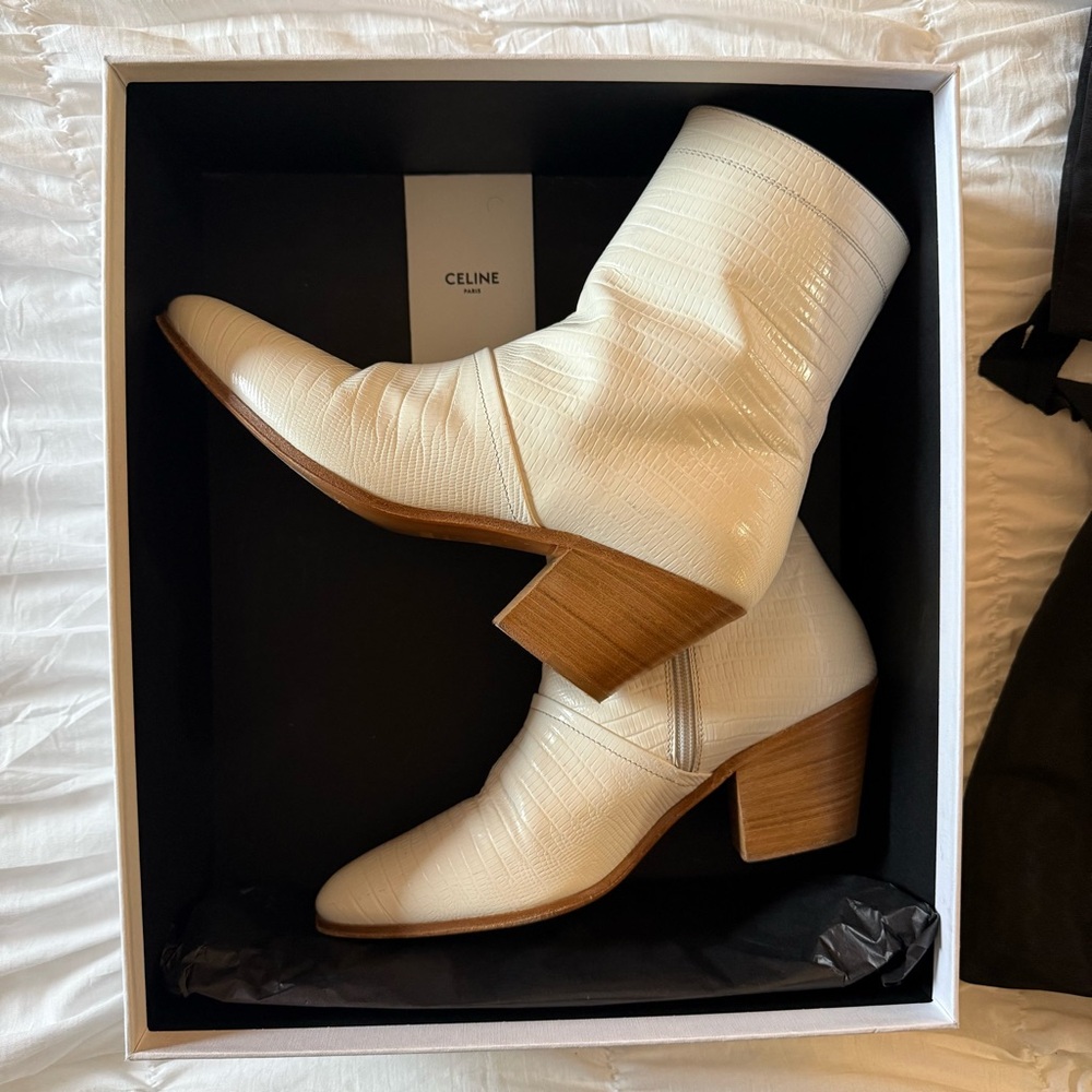 Celine Cream Textured Heeled Boots